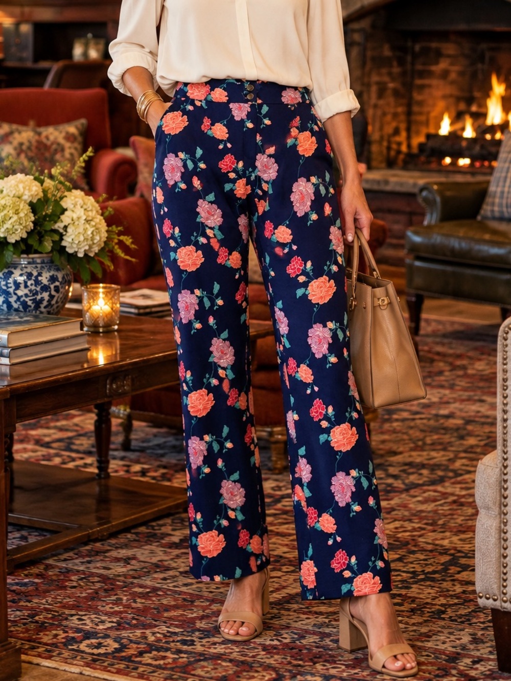 Chicos Secret Stretch Floral Straight Leg Pants Navy Coral Size 1 8 NWT